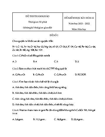 5 Đề tham khảo thi học kì 1 môn Hóa học Lớp 12 - Năm học 2021-2022 (Có đáp án)