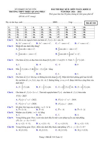 Bài thi học kì 2 môn Toán Lớp 12 - Năm học 2021-2022 - Trường THPT Triệu Quang Phục (Có đáp án)