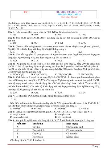Bộ đề kiểm tra học kì 1 môn Hóa học Lớp 12 (Có đáp án)