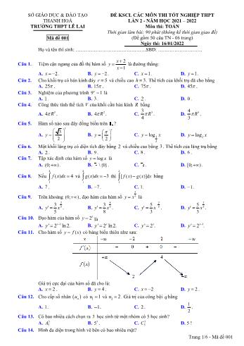 Đề khảo sát chất lượng các môn thi Tốt nghiệp THPT môn Toán (Lần 2) - Năm học 2021-2022 - Trường THPT Lê Lai (Có đáp án)