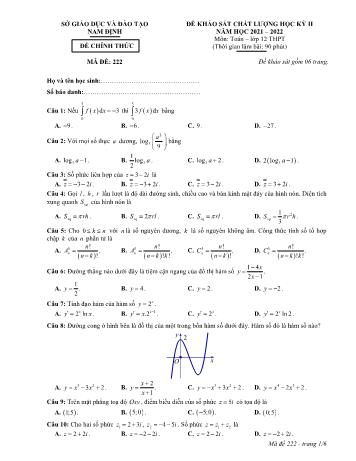 Đề khảo sát chất lượng học kì 2 môn Toán Lớp 12 - Năm học 2021-2022 - Sở giáo dục và đào tạo Nam Định (Có đáp án)