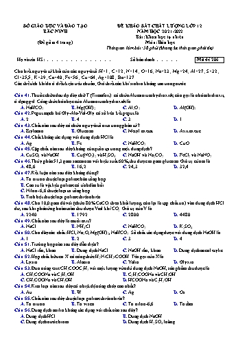 Đề khảo sát chất lượng Khoa học tự nhiên Lớp 12 - Môn Hóa học - Mã đề 206 - Năm học 2021-2022 - Sở giáo dục và đào tạo Bắc Ninh (Có đáp án)