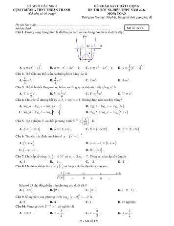 Đề khảo sát chất lượng ôn thi Tốt nghiệp THPT môn Toán Lớp 12 - Mã đề 171 - Năm học 2022 - Trường THPT Thuận Thành (Có đáp án)