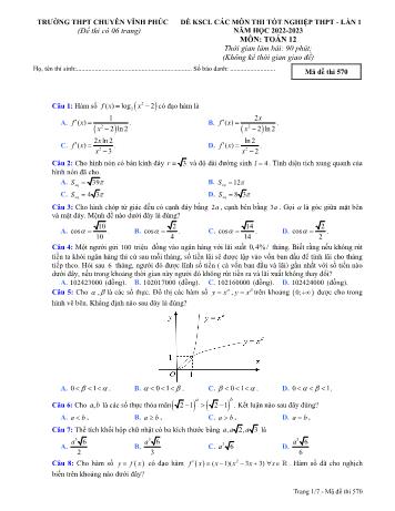 Đề khảo sát chất lượng Tốt nghiệp THPT môn Toán (Lần 1) - Mã đề 570 - Năm học 2022-2023 - Trường THPT chuyên Vĩnh Phúc (Có đáp án)