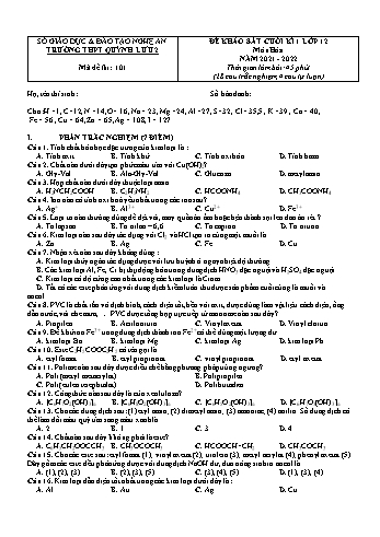 Đề khảo sát cuối kì 1 môn Hóa học Lớp 12 - Mã đề 101 - Năm học 2021-2022 - Trường THPT Quỳnh Lưu 2