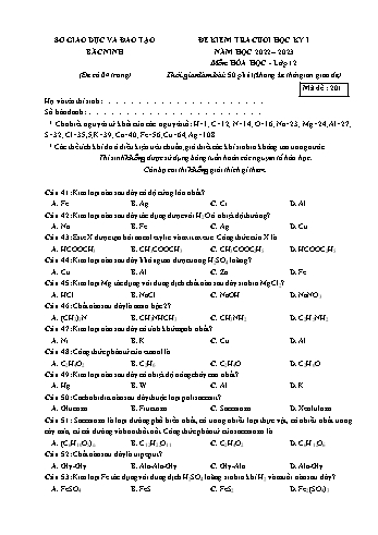 Đề kiểm tra cuối học kì 1 môn Hóa học Lớp 12 - Mã đề 201 - Năm học 2022-2023 - Sở giáo dục và đào tạo Bắc Ninh