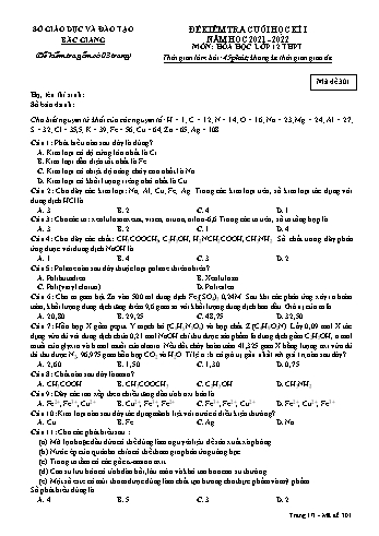 Đề kiểm tra cuối học kì 1 môn Hóa học Lớp 12 - Mã đề 301 - Năm học 2021-2022 - Sở giáo dục và đào tạo Bắc Giang (Có đáp án)