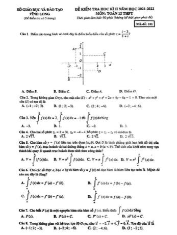Đề kiểm tra học kì 2 môn Toán Lớp 12 - Mã đề 101 - Năm học 2021-2022 - Sở giáo dục và đào tạo Vĩnh Long