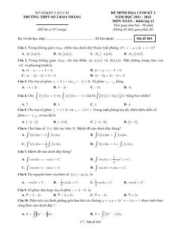 Đề minh họa cuối kì 2 môn Toán Lớp 12 - Năm học 2021-2022 - Trường THPT số 2 Bảo Thắng (Có đáp án)