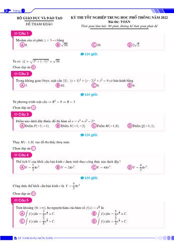 Đề tham khảo kì thi Tốt nghiệp THPT môn Toán - Năm học 2021-2022 (Có đáp án)