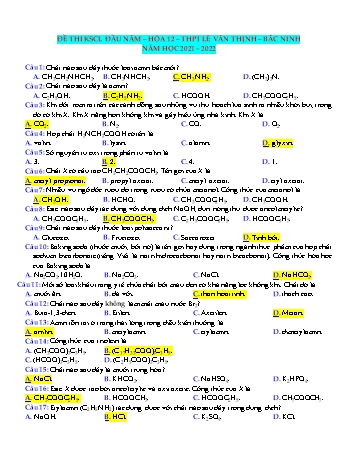 Đề thi khảo sát chất lượng đầu năm môn Hóa học Lớp 12 - Năm học 2021-2022 - Trường THPT Lê Văn Thịnh (Có đáp án)