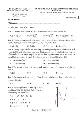 Đề thi tham khảo đánh giá năng lực xét tuyển Đại học môn Toán - Mã đề 071 - Trường Đại học Sư phạm Hà Nội