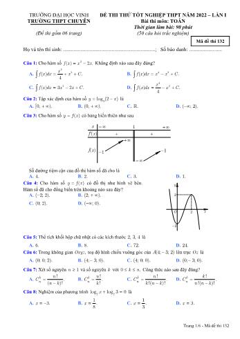 Đề thi thử Tốt nghiệp THPT môn Toán (Lần 1) - Mã đề 132 - Năm học 2022 - Trường Đại học Vinh