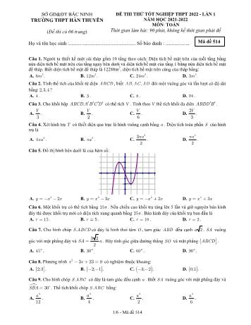 Đề thi thử Tốt nghiệp THPT môn Toán (Lần 1) - Mã đề 514 - Năm học 2021-2022 - Trường THPT Hàn Thuyên (Có đáp án)