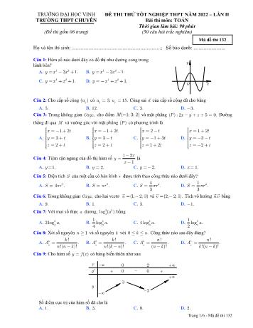 Đề thi thử Tốt nghiệp THPT môn Toán (Lần 2) - Mã đề 132 - Năm học 2022 - Trường Đại học Vinh