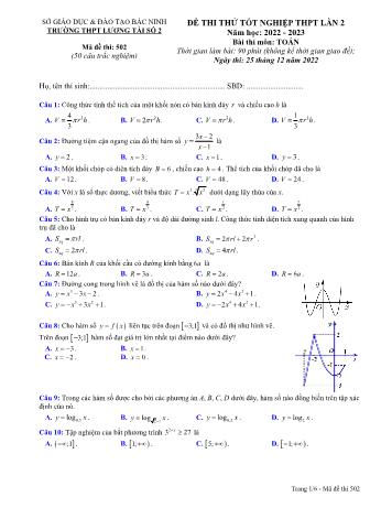 Đề thi thử Tốt nghiệp THPT môn Toán (Lần 2) - Mã đề 502 - Năm học 2022-2023 - Trường THPT Lương Tài số 2 (Có đáp án)