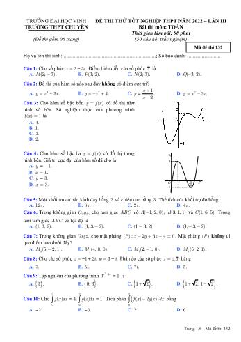 Đề thi thử Tốt nghiệp THPT môn Toán (Lần 3) - Mã đề 132 - Năm học 2022 - Trường Đại học Vinh (Có đáp án)