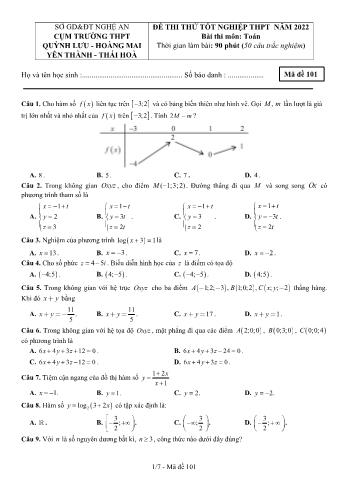 Đề thi thử Tốt nghiệp THPT môn Toán - Mã đề 101 - Năm học 2022 - Sở giáo dục và đào tạo Nghệ An (Có đáp án)