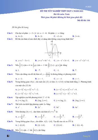 Đề thi Tốt nghiệp THPT môn Toán (Đợt 1) - Mã đề 104 - Năm học 2021-2022 (Có đáp án)