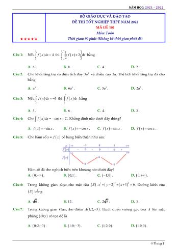 Đề thi Tốt nghiệp THPT môn Toán - Năm học 2021-2022 (Có lời giải chi tiết)