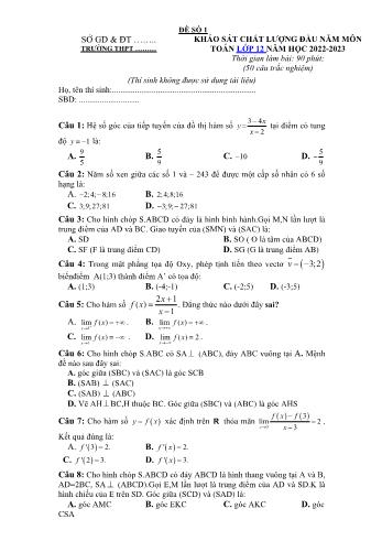 Khảo sát chất lượng đầu năm môn Toán Lớp 12 - Năm học 2022-2023 (Có đáp án)