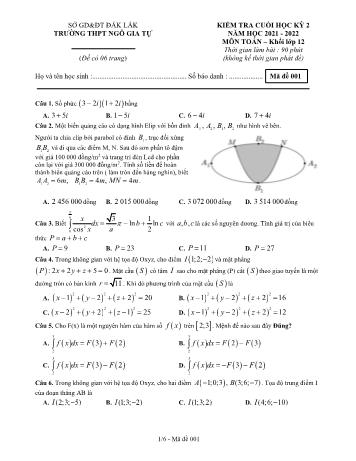 Kiểm tra cuối học kì 2 môn Toán Lớp 12 - Mã đề 001 - Năm học 2021-2022 - Trường THPT Ngô Gia Tự (Có đáp án)