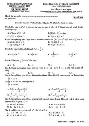 Kiểm tra cuối học kì 2 môn Toán Lớp 12 - Mã đề 101 - Năm học 2021-2022 - Sở giáo dục và đào tạo Cần Thơ (Có đáp án)