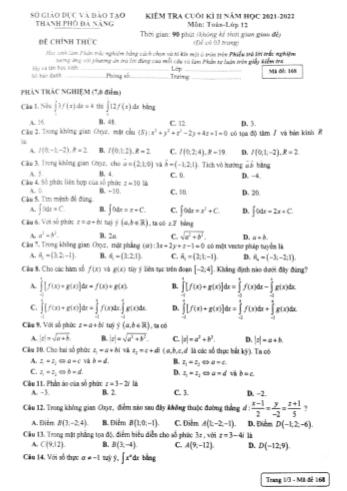 Kiểm tra cuối học kì 2 môn Toán Lớp 12 - Mã đề 168 - Năm học 2021-2022 - Sở giáo dục và đào tạo Đà Nẵng (Có đáp án)