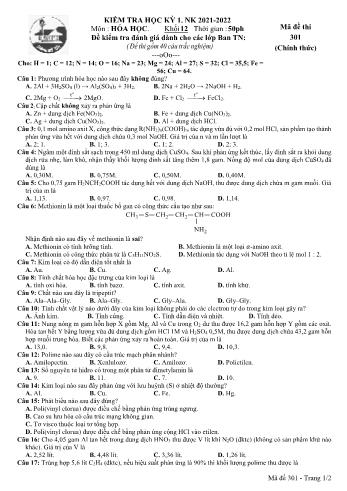 Kiểm tra học kì 1 môn Hóa học Lớp 12 (Dành cho ban tự nhiên) - Mã đề 301 - Năm học 2021-2022 - Trường THPT Gia Định (Có đáp án)