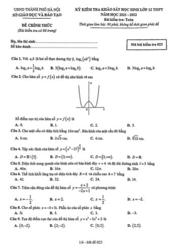 Kỳ kiểm tra khảo sát môn Toán Lớp 12 - Mã đề 023 - Năm học 2021-2022 - Sở giáo dục và đào tạo Hà Nội (Có đáp án)