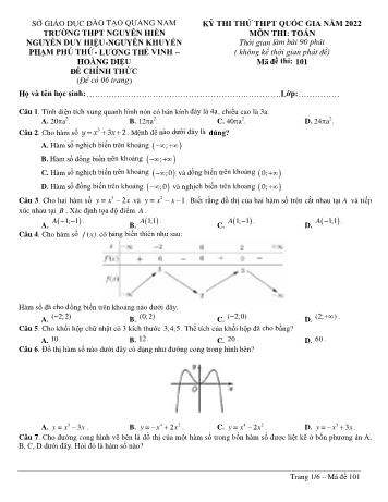 Kỳ thi thử THPT Quốc gia môn Toán - Mã đề 101 - Năm học 2022 - Sở giáo dục và đào tạo Quảng Nam (Có đáp án)