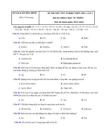 Kỳ thi thử Tốt nghiệp THPT Khoa học tự nhiên (Lần 2) - Môn Hóa học - Năm học 2022 - Sở giáo dục và đào tạo Hòa Bình