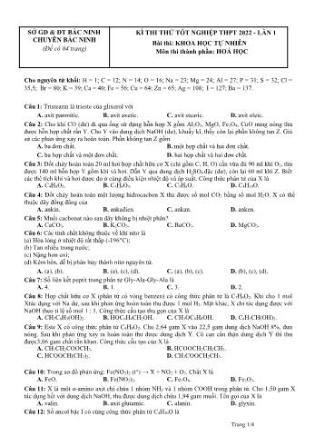 Kỳ thi thử Tốt nghiệp THPT Khoa học tự nhiên - Môn Hóa học (Lần 1) - Năm học 2022 - Sở giáo dục và đào tạo Bắc Ninh (Có đáp án)