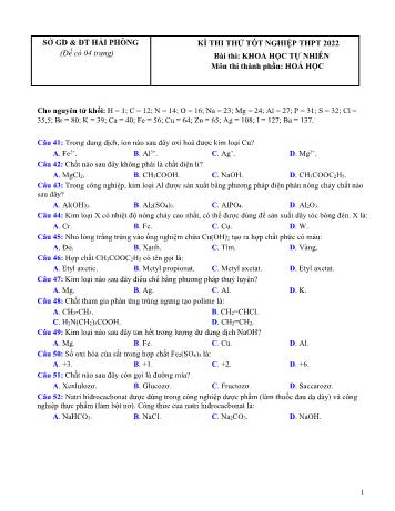 Kỳ thi thử Tốt nghiệp THPT Khoa học tự nhiên - Môn Hóa học - Năm học 2022 - Sở giáo dục và đào tạo Hải Phòng (Có đáp án)
