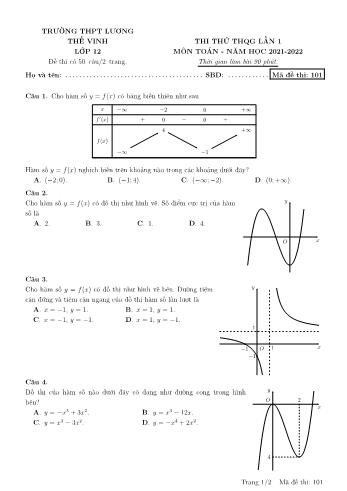 Thi thử THPT Quốc gia môn Toán (Lần 1) - Mã đề 101 - Năm học 2021-2022 - Trường THPT Lương Thế Vinh