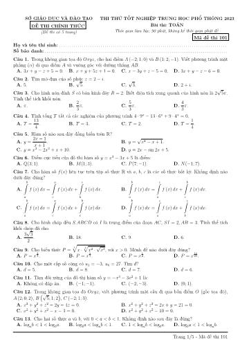 Thi thử Tốt nghiệp THPT môn Toán - Năm học 2023 (Có đáp án)