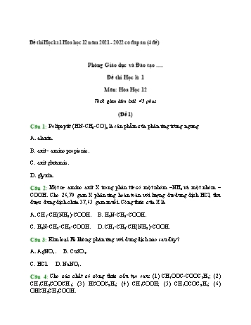 4 Đề thi học kì 1 môn Hóa học Lớp 12 - Năm học 2021-2022 (Có đáp án)