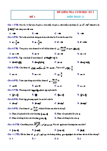 5 Đề kiểm tra cuối học kì 1 môn Toán Lớp 12 (Có đáp án)