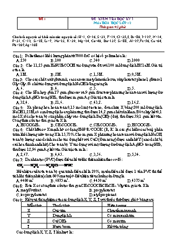 8 Đề kiểm tra học kì 1 môn Hóa học Lớp 12 (Có đáp án)