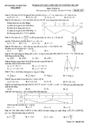 Đề khảo sát chất lượng học kì 1 môn Toán Lớp 12 - Mã đề 103 - Năm học 2022-2023 - Sở GD&ĐT Thái Bình (Có đáp án)