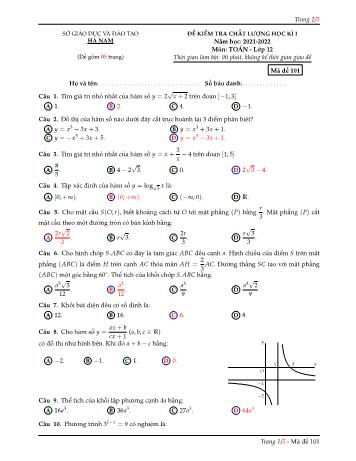 Đề kiểm tra chất lượng học kì 1 môn Toán Lớp 12 - Mã đề 101 - Năm học 2021-2022 - Sở GD&ĐT Hà Nam (Có đáp án)