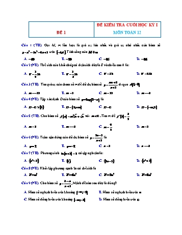 Đề kiểm tra cuối học kì 1 môn Toán Lớp 12 - Đề 1 (Có đáp án)