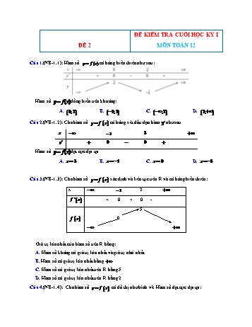 Đề kiểm tra cuối học kì 1 môn Toán Lớp 12 - Đề 2 (Có đáp án)