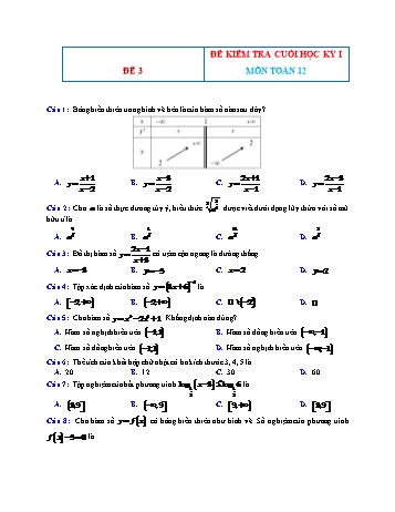 Đề kiểm tra cuối học kì 1 môn Toán Lớp 12 - Đề 3 (Có đáp án)