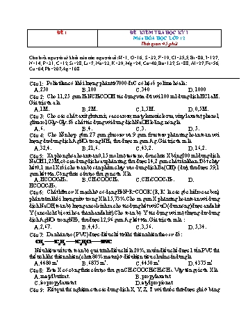 Đề kiểm tra học kì 1 môn Hóa học Lớp 12 - Đề 1 (Có đáp án)