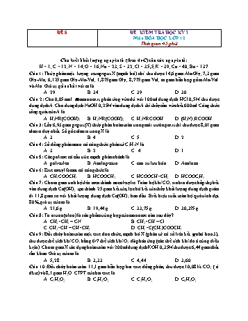 Đề kiểm tra học kì 1 môn Hóa học Lớp 12 - Đề 5 (Có đáp án)