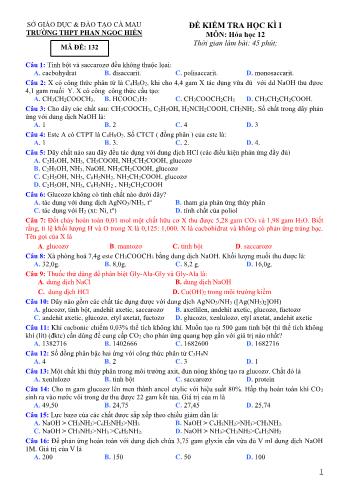 Đề kiểm tra học kì 1 môn Hóa học Lớp 12 - Trường THPT Phan Ngọc Hiển (Có đáp án)