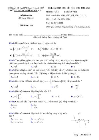 Đề kiểm tra học kì 1 môn Toán Lớp 12 - Mã đề 266 - Năm học 2022-2023 - Trường THPT chuyên Lam Sơn