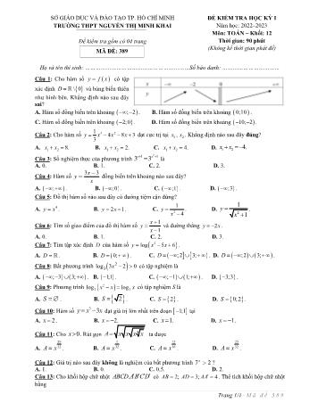 Đề kiểm tra học kì 1 môn Toán Lớp 12 - Mã đề 389 - Năm học 2022-2023 - Trường THPT Nguyễn Thị Minh Khai (Có đáp án)