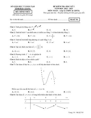 Đề kiểm tra học kì 1 môn Toán Lớp 12 - Mã đề 701 - Năm học 2022-2023 - Sở GD&ĐT Hậu Giang (Có đáp án)